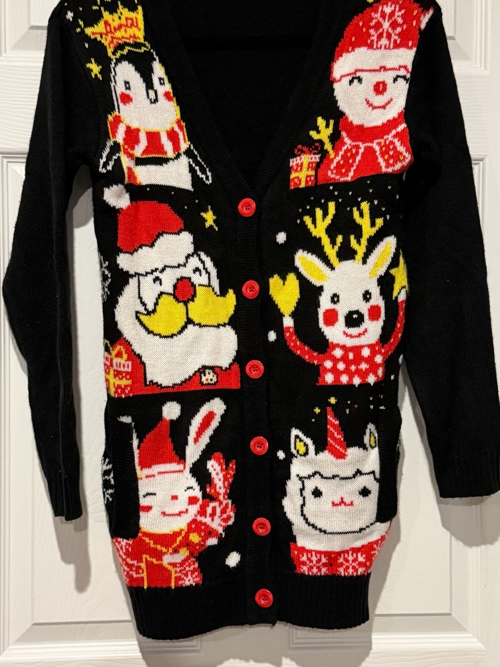 Festive Black Christmas Character Cardigan Sweater (Ugly Sweater Season)